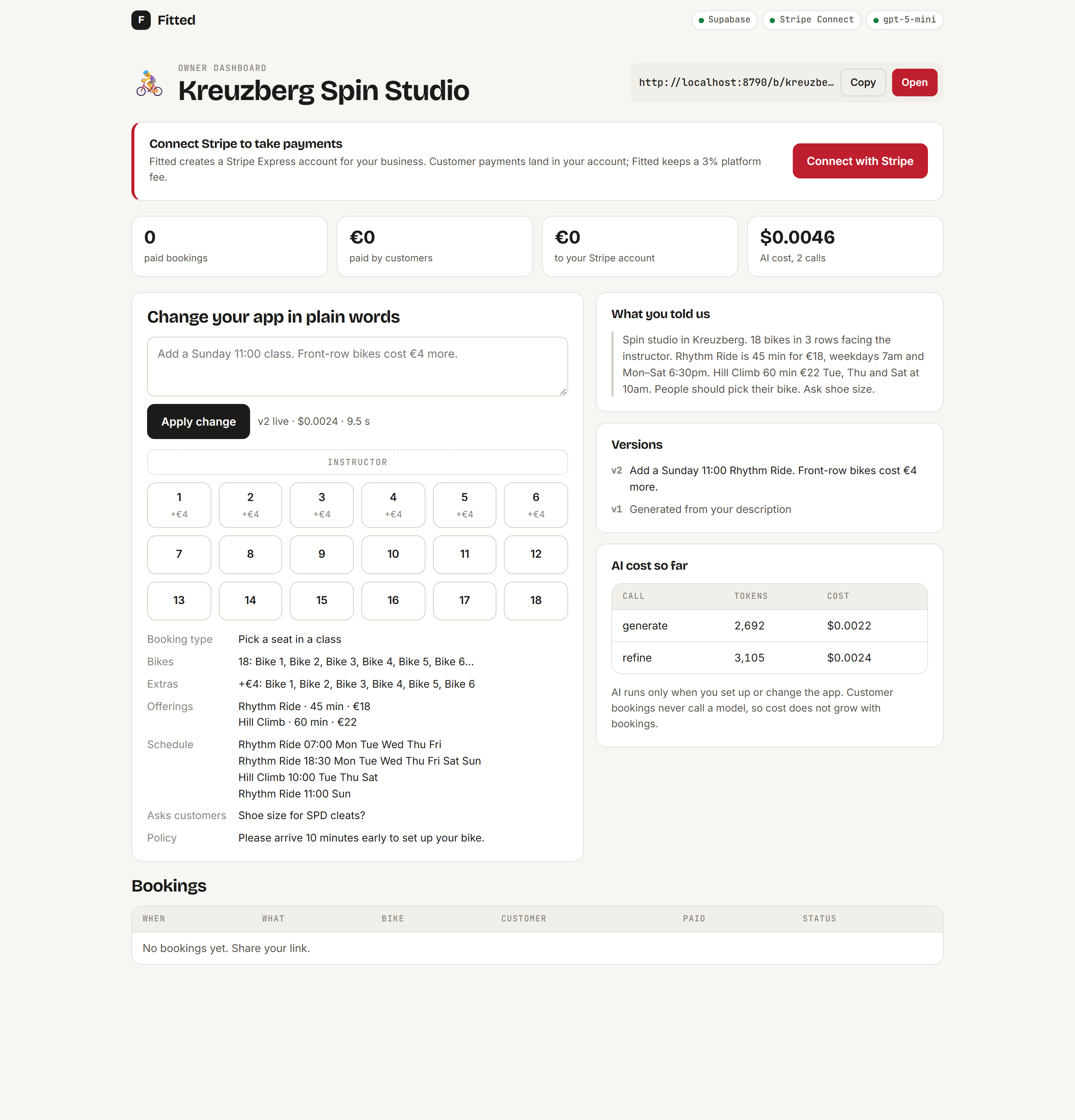 Owner dashboard with Stripe status, AI cost, plain-words changes and version history
