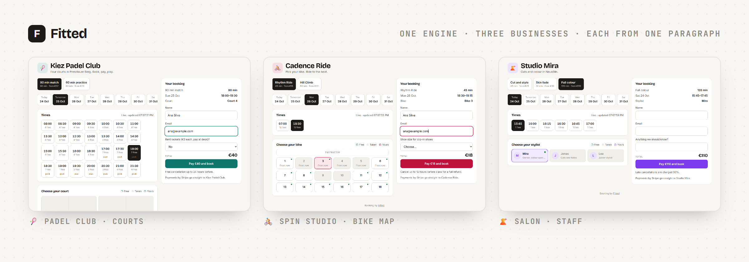 Three booking apps generated by Fitted: a padel club with courts, a spin studio with a bike map, a salon with stylists